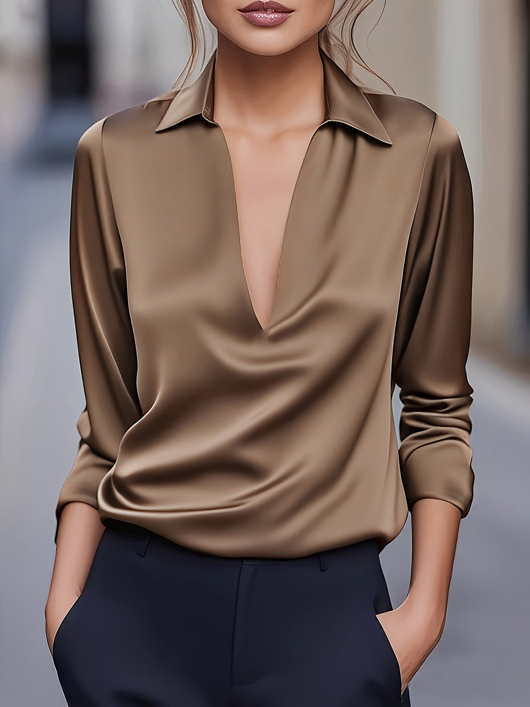 Kyrra – Elegante Satinbluse Mit V-Ausschnitt