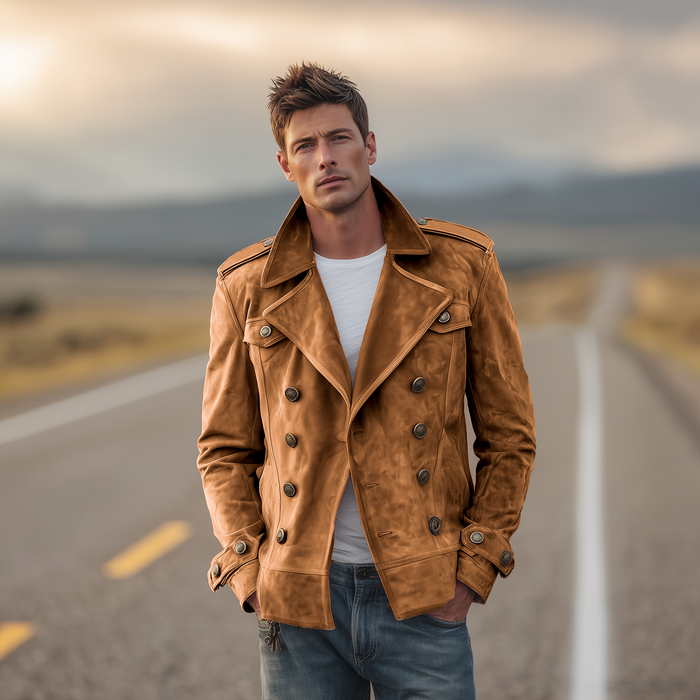 Momonosuke - Klassische Retro Jacke im Westernstil Mit Revers Und Doppelter Knopfleiste Aus Wildleder