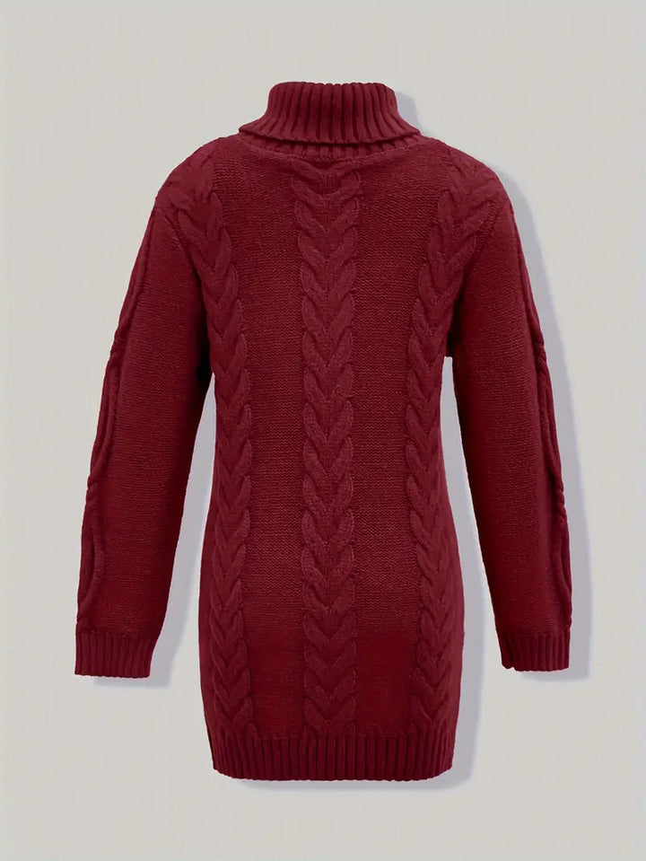 Narda - Klobig Kabel Gestrickt Rollkragen Kleid