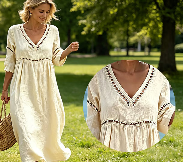 Mikela - Midi Kleid Mit V-ausschnitt Und Durchbrochenem Besatz