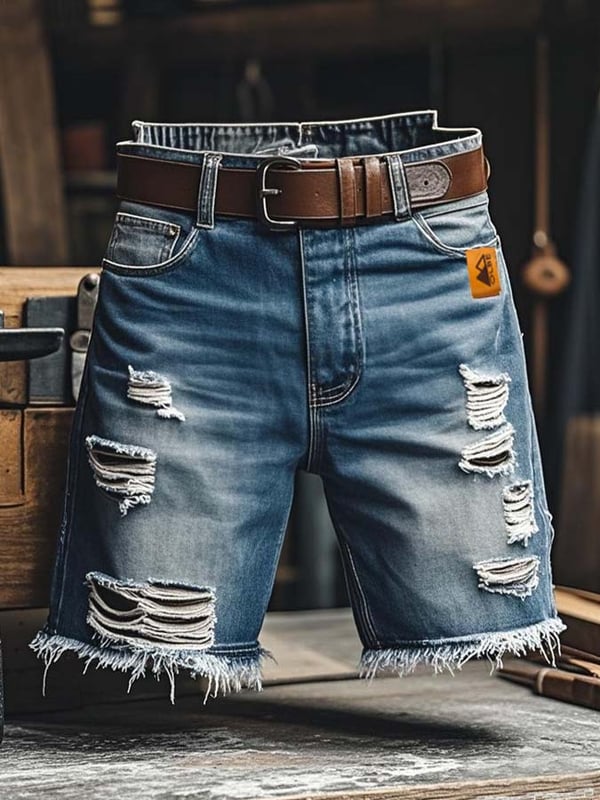 Herren Vintage Outdoor Funktions Shorts Aus Zerrissenem Denim