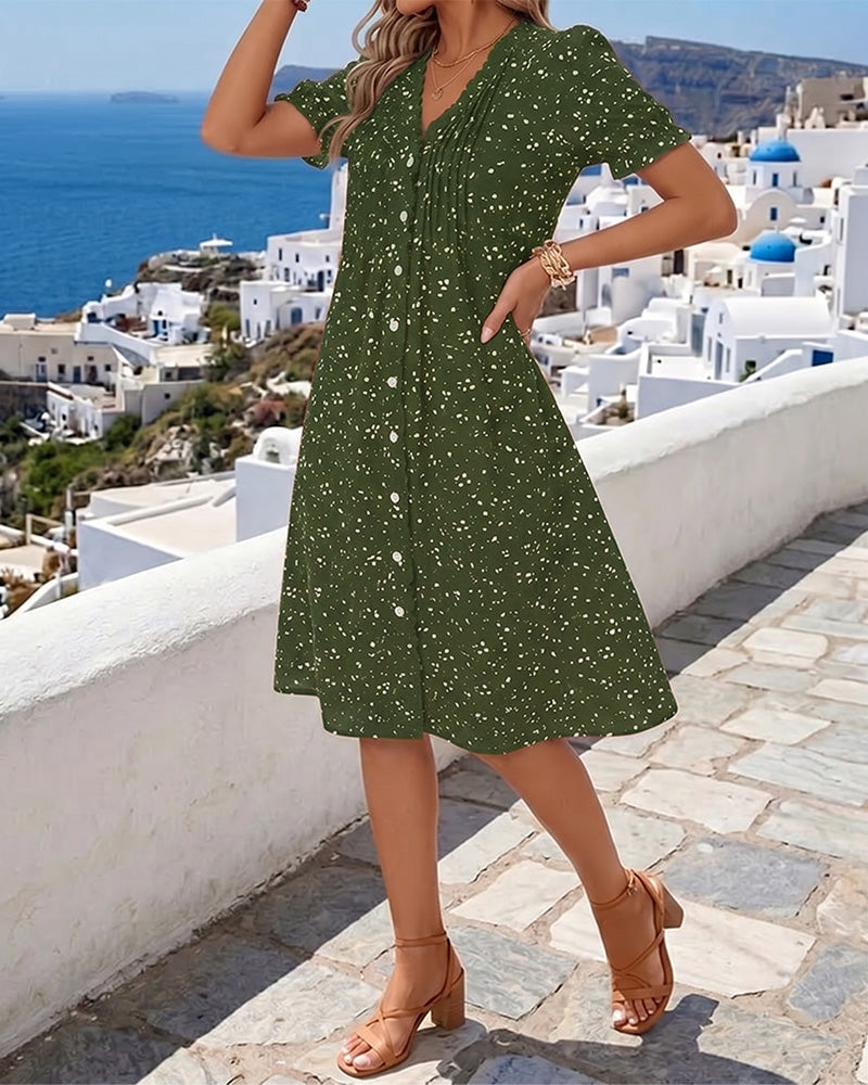 Dayma - Kleid Mit V-Ausschnit Blumenmuster Und Knopfleiste