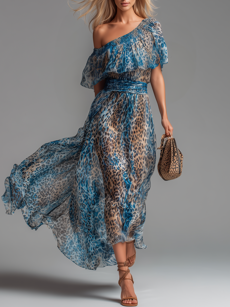 Siania – Chiffon-Kleid Mit Leopardenmuster Und Schulterfreiem Ausschnitt