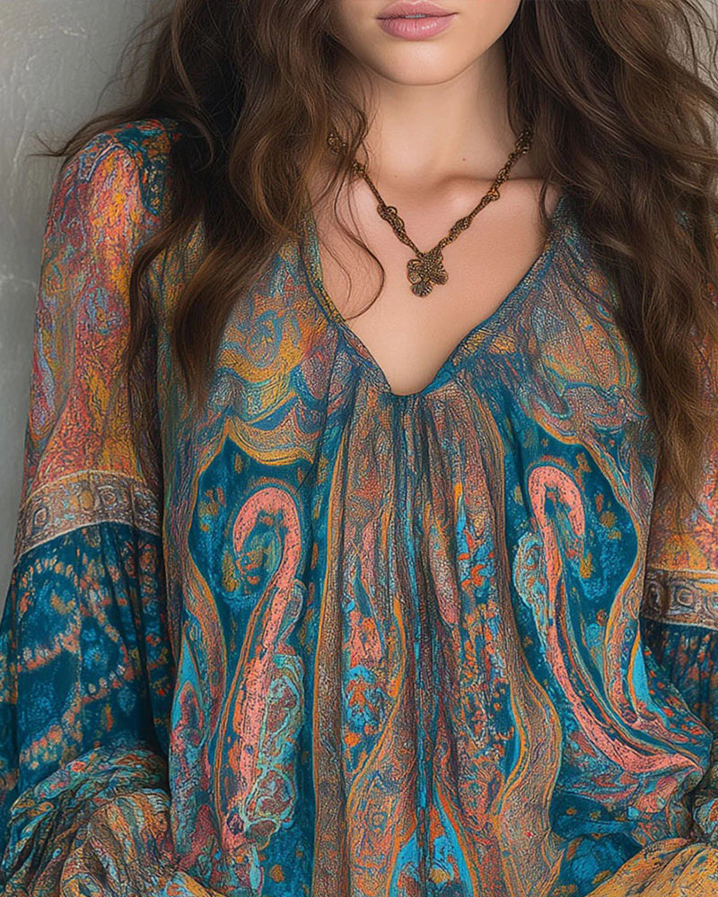 Izabella – Bluse im Bohemian-Stil Mit V-Ausschnitt Und Ausgestellten Ärmeln