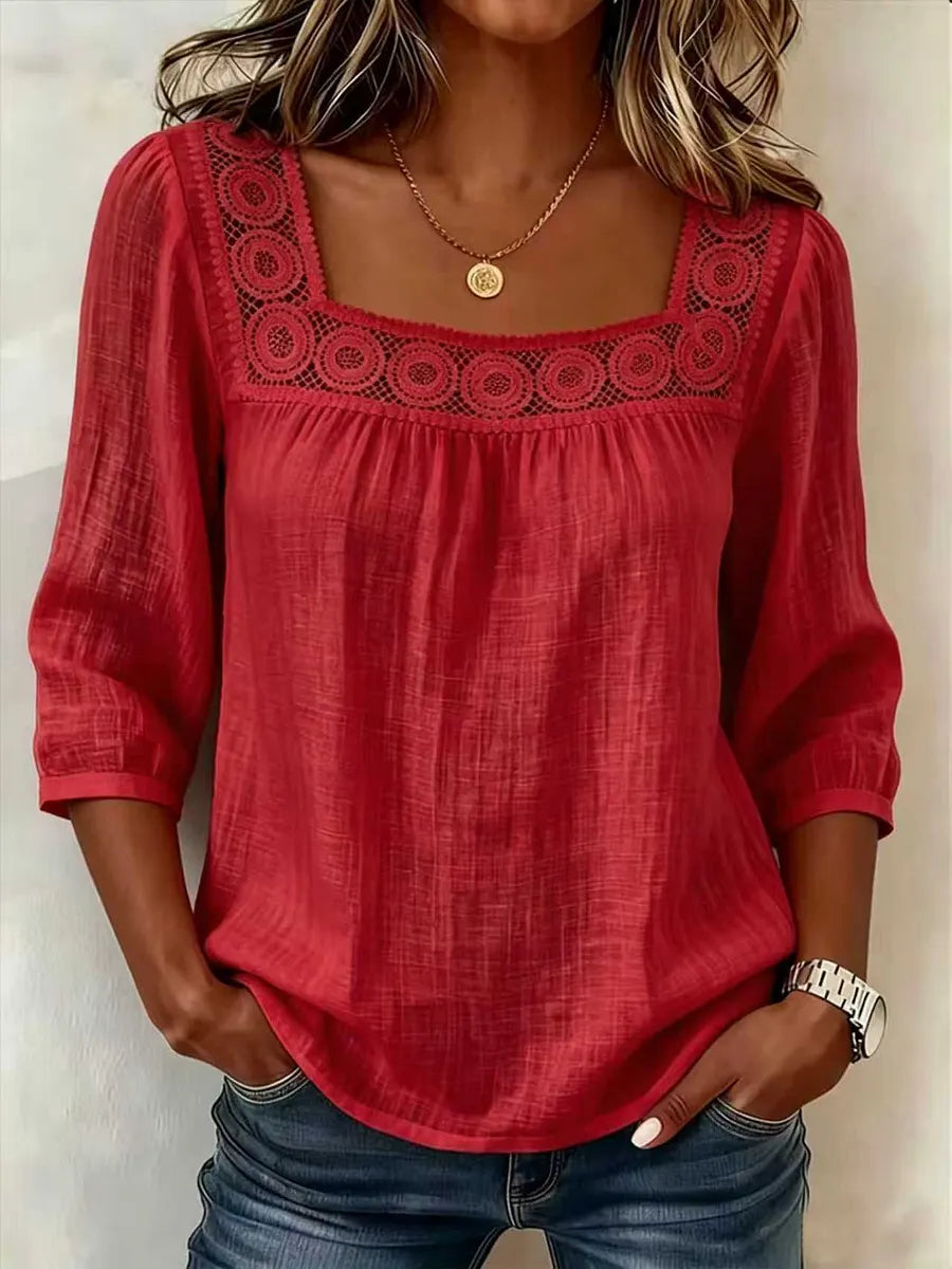 Nozomi - Bluse Mit Quadratischem Ausschnitt Und Spitzen Patchwork
