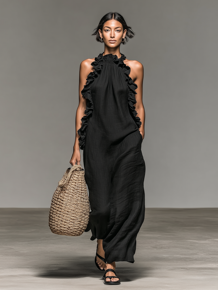Fiora – Ärmelloses, langes Kleid mit Rüschen, Neckholder-Ausschnitt und Taschen