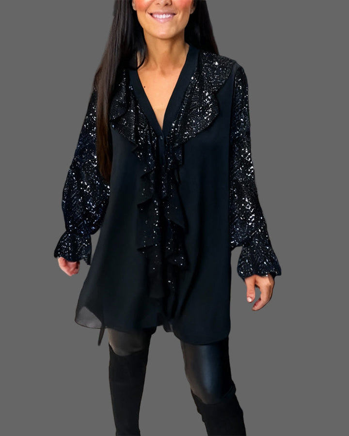 Moxie – Rüschenbluse mit V-Ausschnitt und funkelnden Pailletten