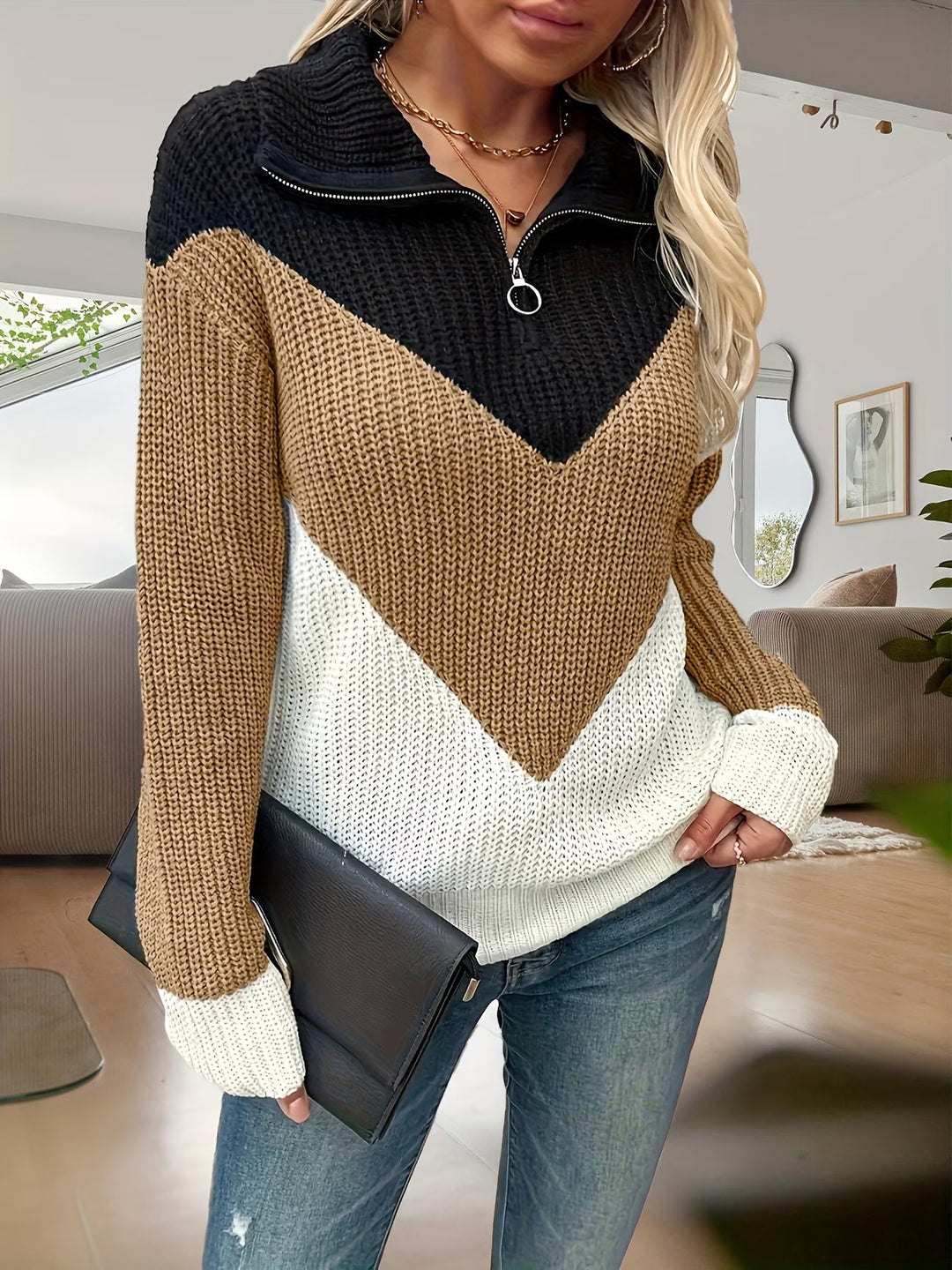Fagina – Eleganter Strickpullover Mit Halbem Reißverschluss