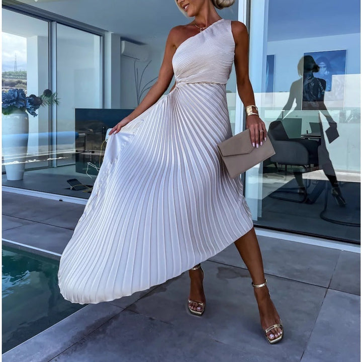 Breena – Stilvolles Einseitiges Plissiertes Maxi Kleid