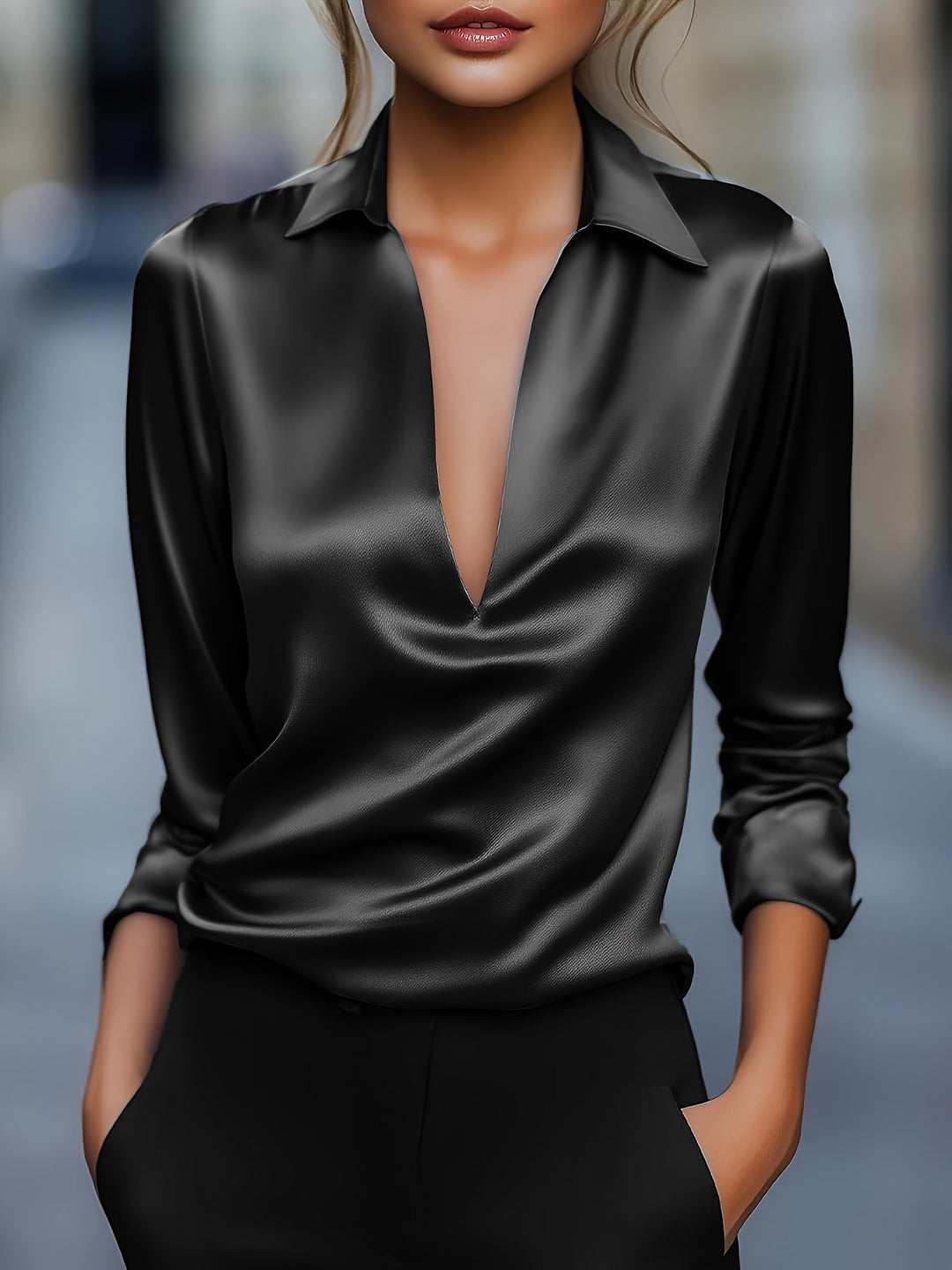 Kyrra – Elegante Satinbluse Mit V-Ausschnitt