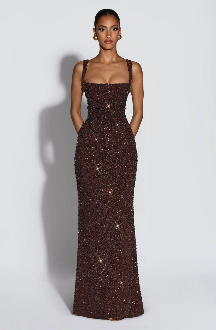 Rekina – Maxikleid Mit Pailletten Und Quadratischem Ausschnitt