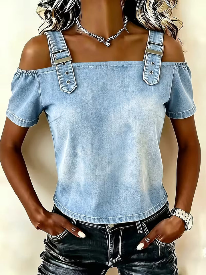 Kenia – Schulterfreir-Top aus Denim mit kurzen Ärmeln