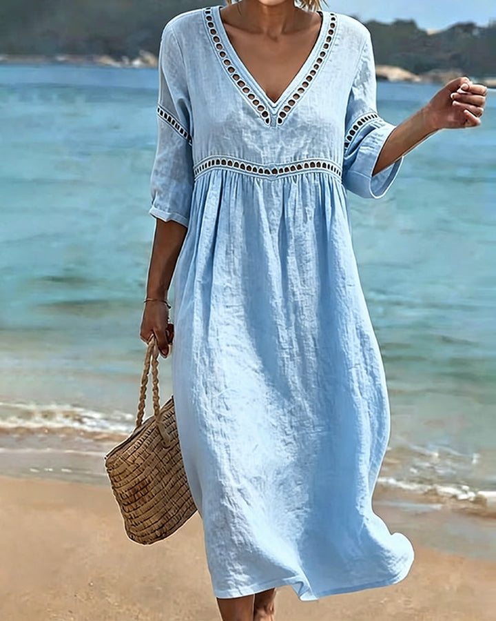 Mikela - Midi Kleid Mit V-ausschnitt Und Durchbrochenem Besatz