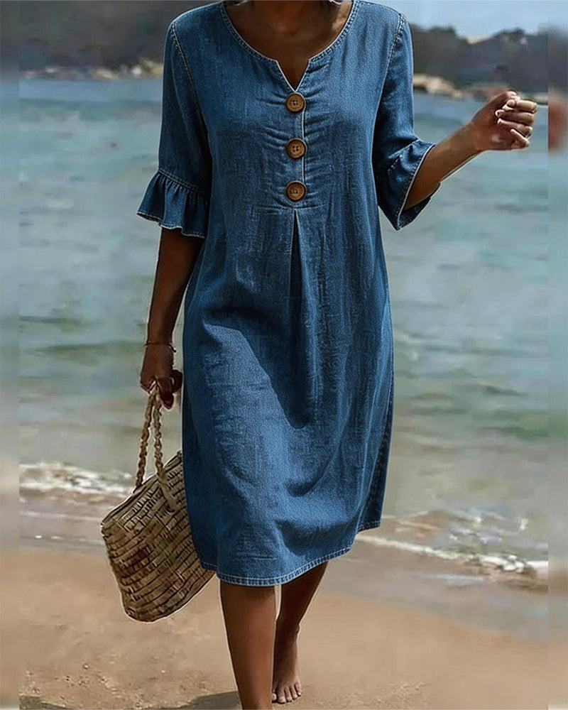 Fammke - Kleid Mit Blattmuster Und Jeansärmeln