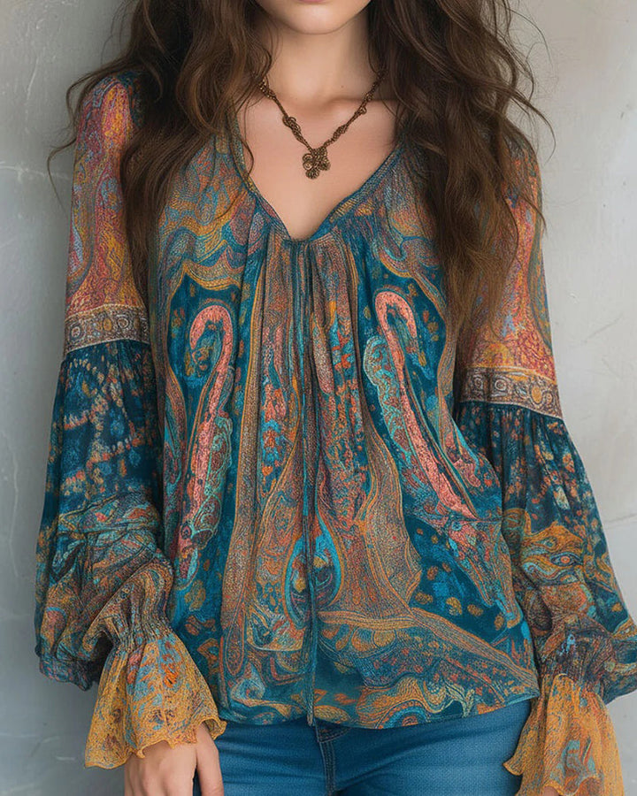 Izabella – Bluse im Bohemian-Stil Mit V-Ausschnitt Und Ausgestellten Ärmeln