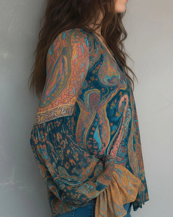 Izabella – Bluse im Bohemian-Stil Mit V-Ausschnitt Und Ausgestellten Ärmeln
