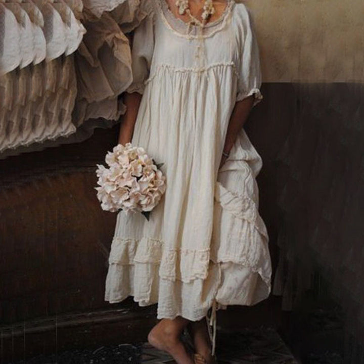 Tannaz – Bequemes Kleid Mit Rund Halsausschnitt Und Kurzen Ärmeln Und Rüschen