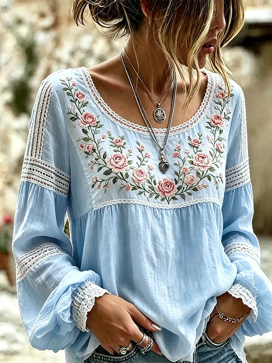 Esraa - Leinenbluse Mit Besticktem Blumenkragen
