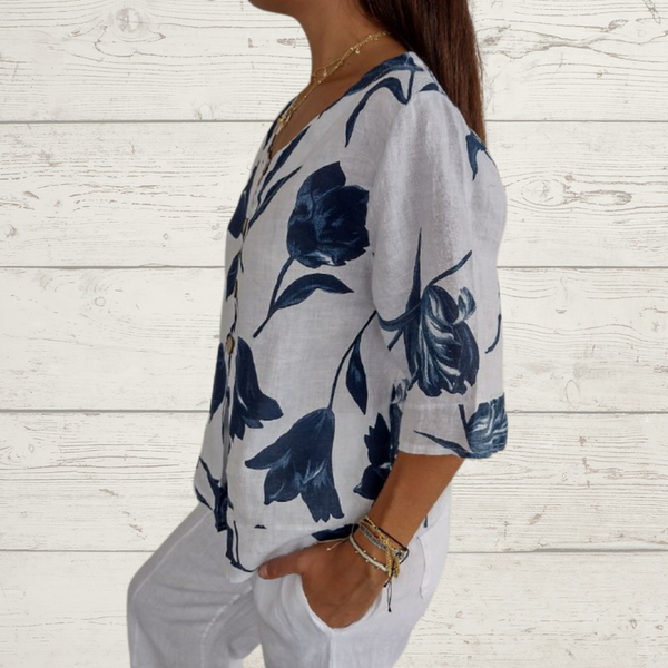 Despoina – Elegantes Oberteil Mit Blumen Muster Und Knöpfen