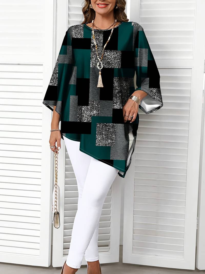 Nurit - Karierte Oversize Bluse Mit Kurzarm Und Drucken