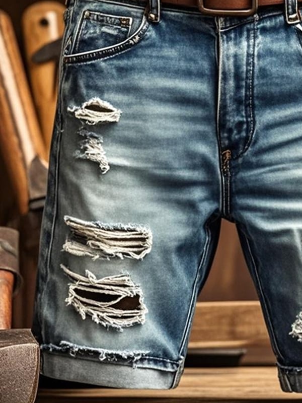 Herren Vintage Outdoor Funktions-Shorts Aus Zerrissenem Denim