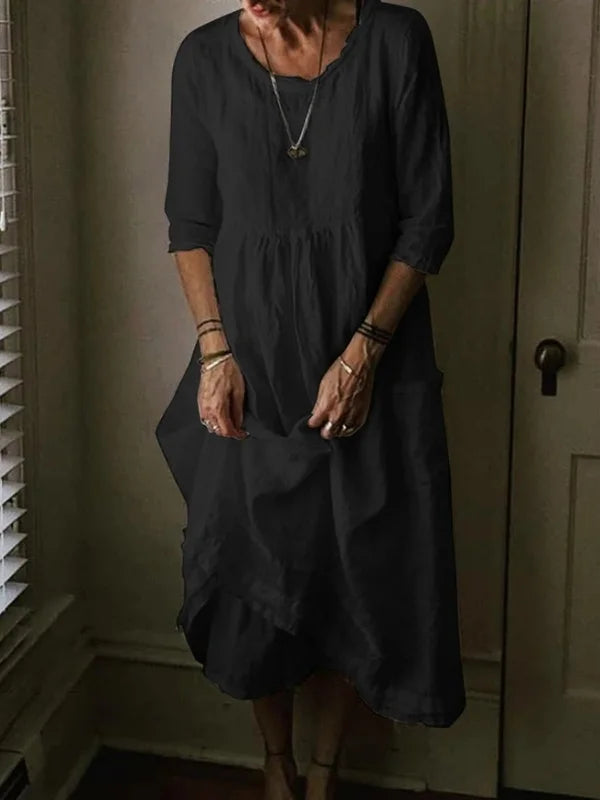 Tasoula - Elegantes Leinen-Rundhals-Kleid