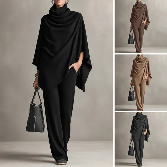 Deidraa - Set Aus Cape Mit Wasserfallausschnitt Und Hose Mit Weitem Bein