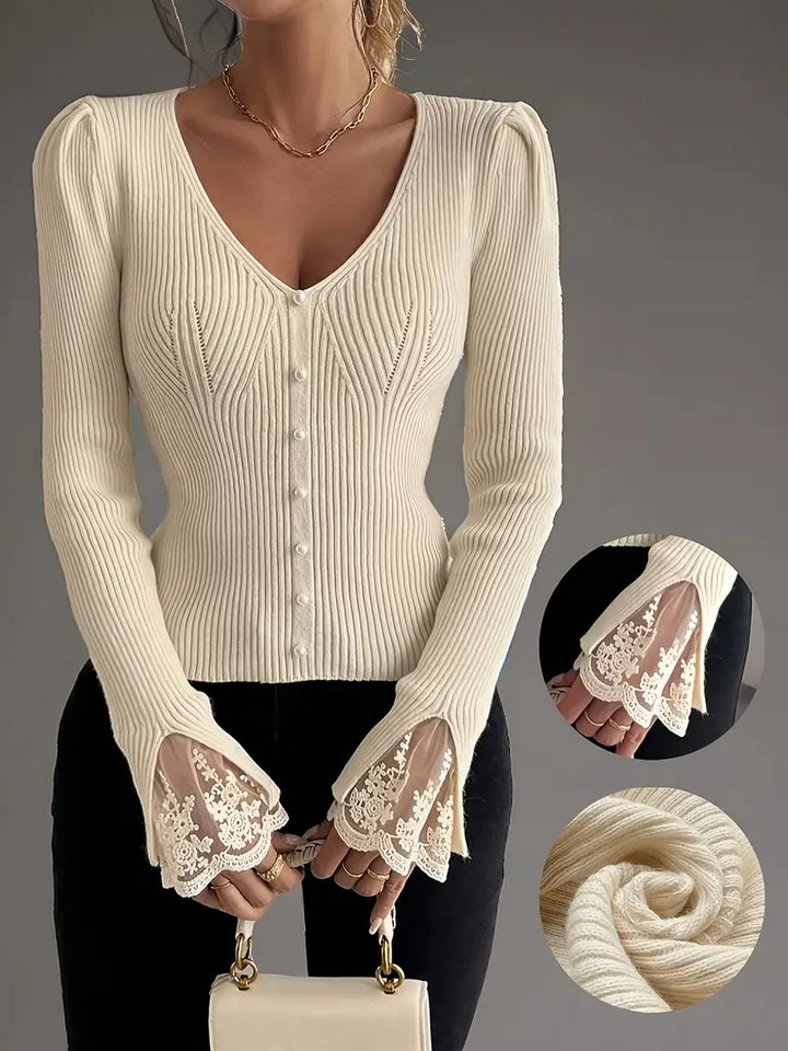Visenna – Eleganter Pullover Mit V-Ausschnitt Und Spitzenärmeln