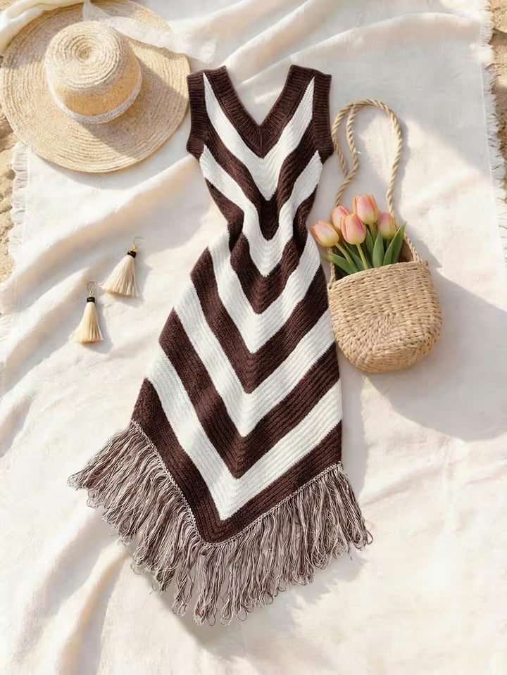 Foley – Strand Überwurfkleid mit Fransen am Saum aus Stretchstoff