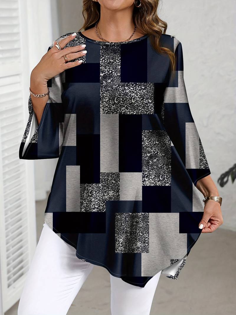 Nurit - Karierte Oversize Bluse Mit Kurzarm Und Drucken