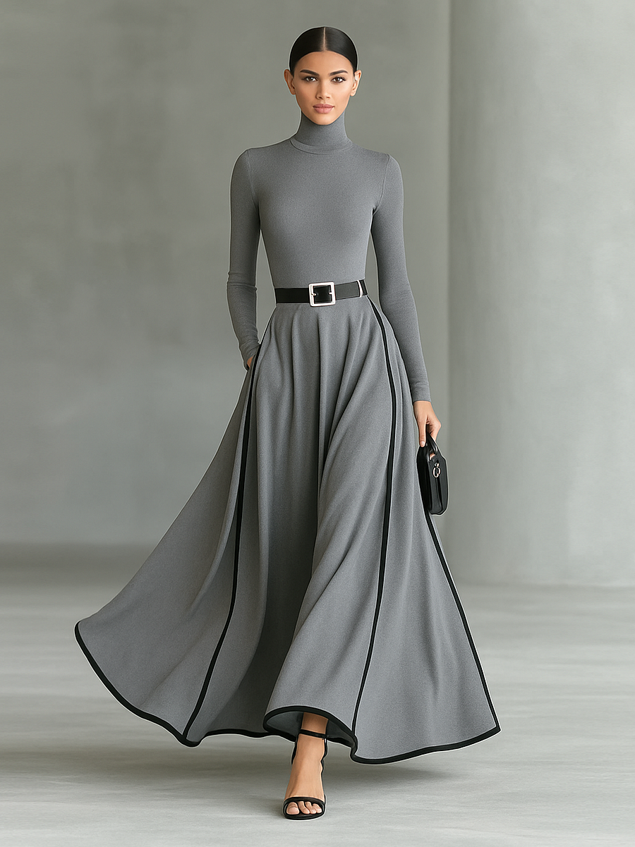 Romilly – Langärmliges Maxi Kleid Mit Schmalem Gürtel