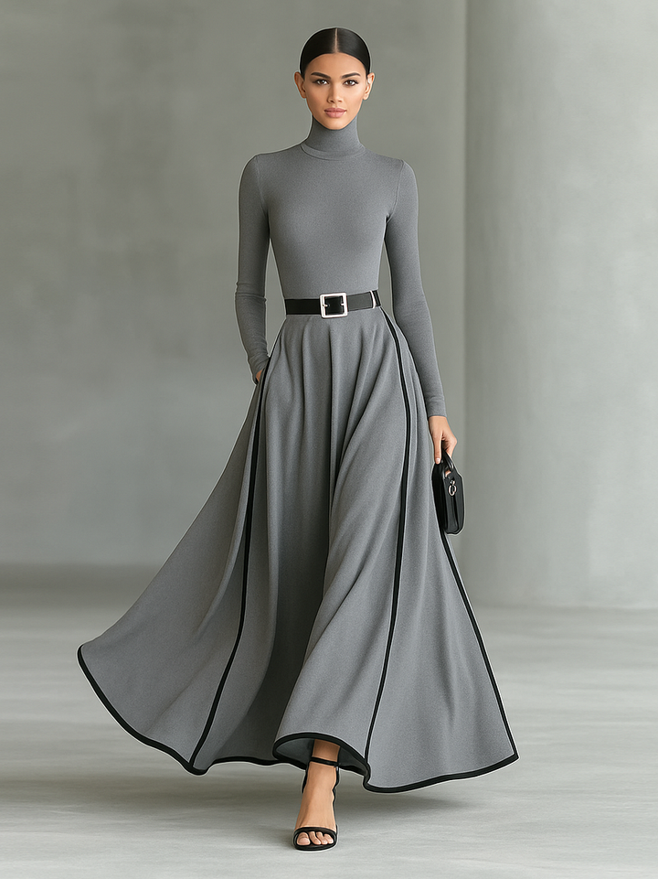 Romilly – Langärmliges Maxi Kleid Mit Schmalem Gürtel