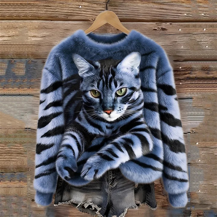 Jules – Weiches Plüsch Sweatshirt Mit Tabby Katzen Und Tiger Muster