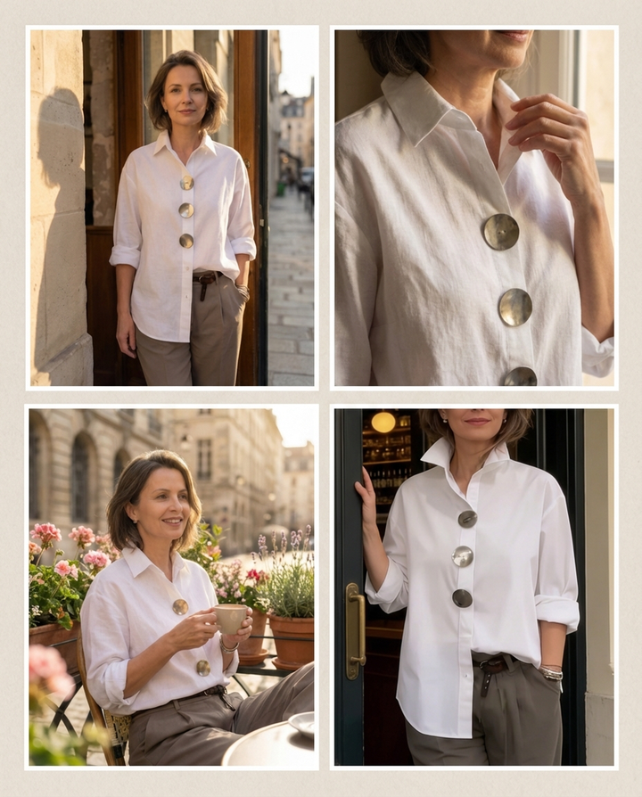 Shalani - Elegante Bluse Aus Leinen Und Baumwolle Mit Metallknöpfen