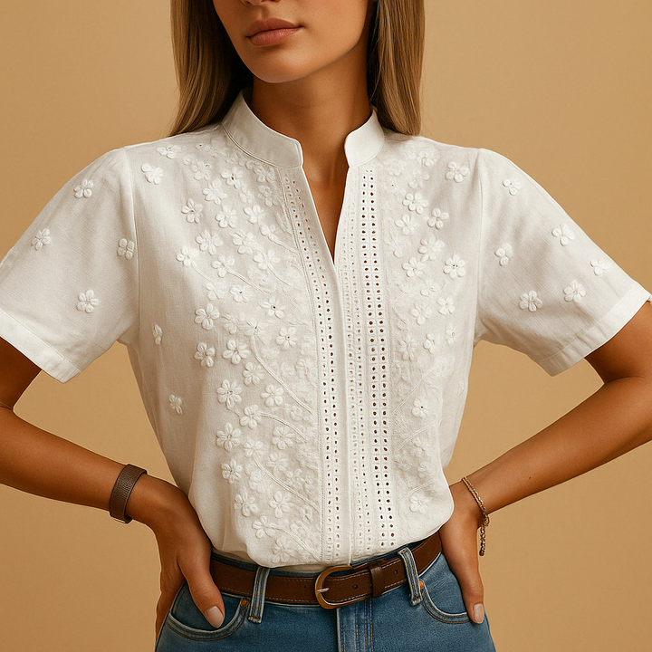 Leanaa – Trendige Bluse Mit Blumen Stickerei