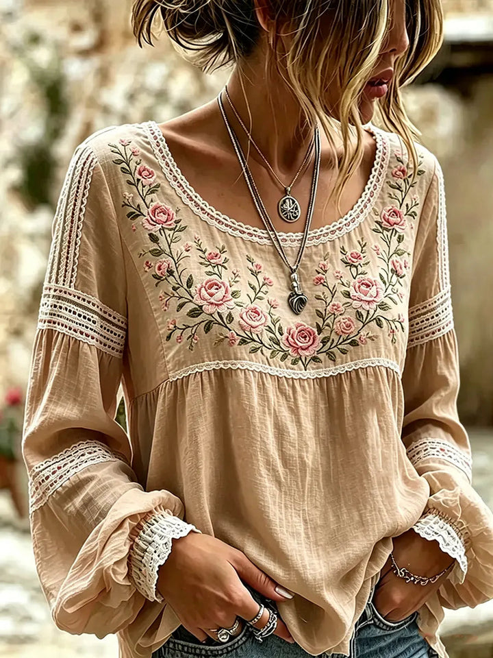 Esraa - Leinenbluse Mit Besticktem Blumenkragen