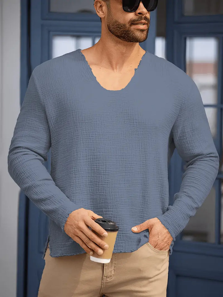 Demetrio – Bequemes Freizeit Hemd Mit Langen Ärmeln Und V-Ausschnitt