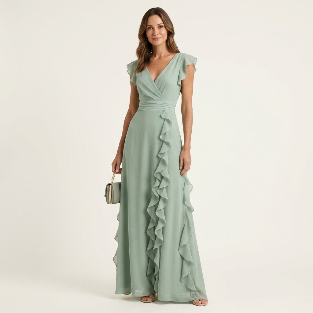 Nellyana - Lässiges Maxi Kleid Mit V-Ausschnitt Flatterärmeln Und Rüschen