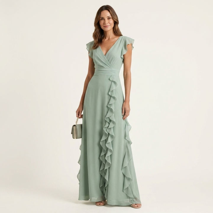 Nellyana - Lässiges Maxi Kleid Mit V-Ausschnitt Flatterärmeln Und Rüschen