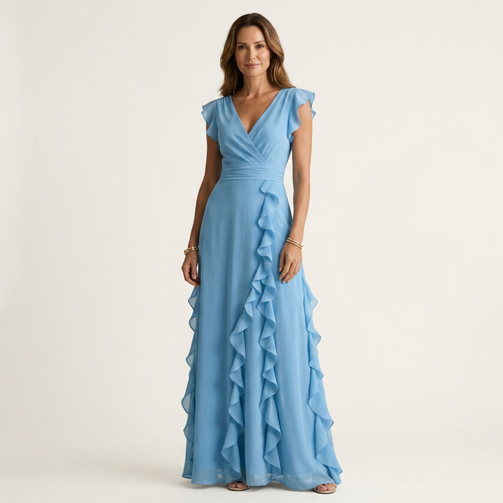 Nellyana - Lässiges Maxi Kleid Mit V-Ausschnitt Flatterärmeln Und Rüschen