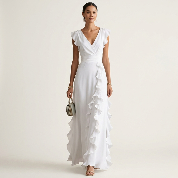 Nellyana - Lässiges Maxi Kleid Mit V-Ausschnitt Flatterärmeln Und Rüschen