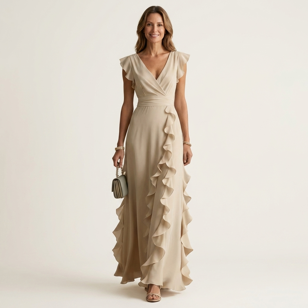 Nellyana - Lässiges Maxi Kleid Mit V-Ausschnitt Flatterärmeln Und Rüschen