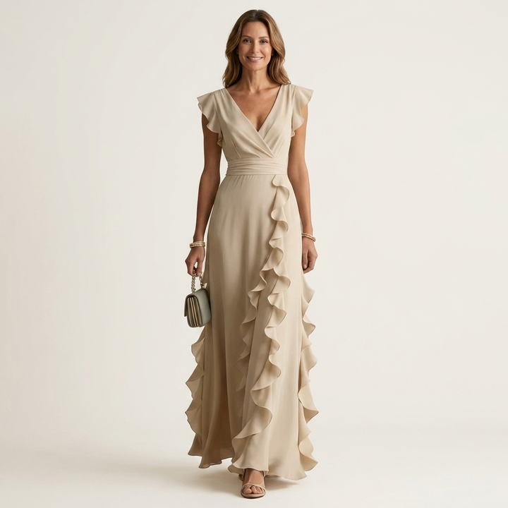 Nellyana - Lässiges Maxi Kleid Mit V-Ausschnitt Flatterärmeln Und Rüschen