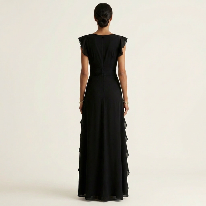 Nellyana - Lässiges Maxi Kleid Mit V-Ausschnitt Flatterärmeln Und Rüschen