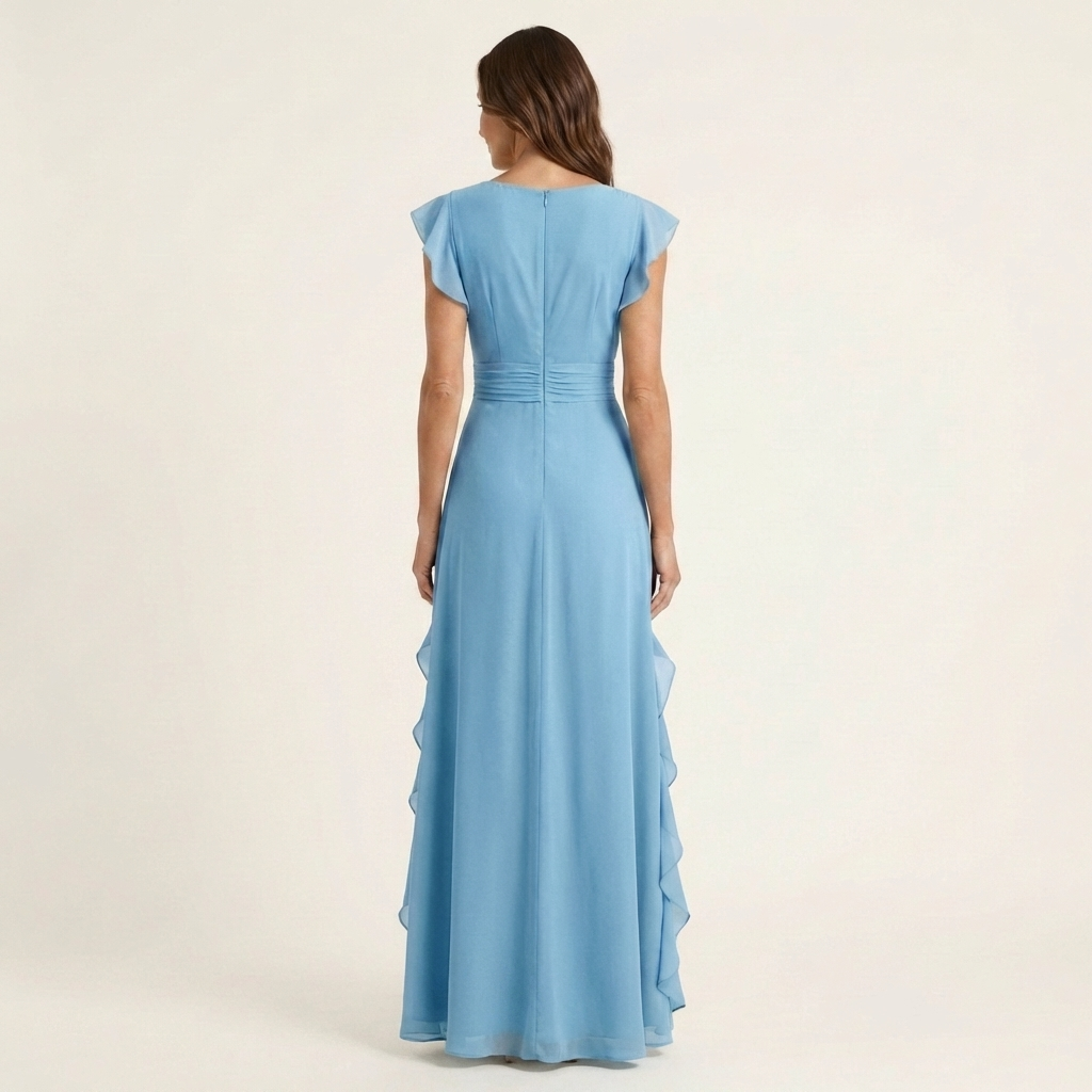 Nellyana - Lässiges Maxi Kleid Mit V-Ausschnitt Flatterärmeln Und Rüschen