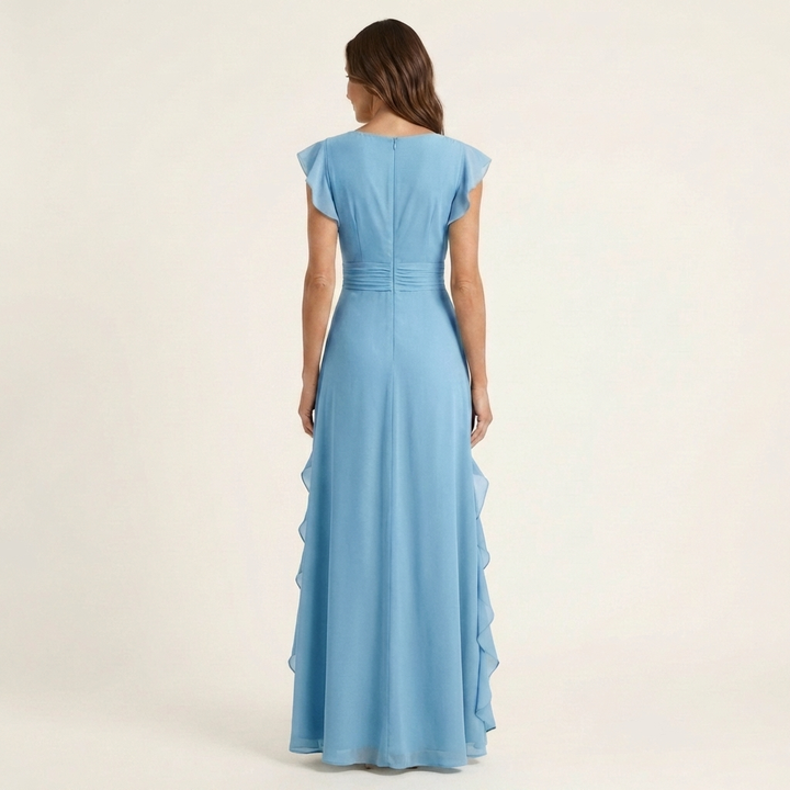 Nellyana - Lässiges Maxi Kleid Mit V-Ausschnitt Flatterärmeln Und Rüschen