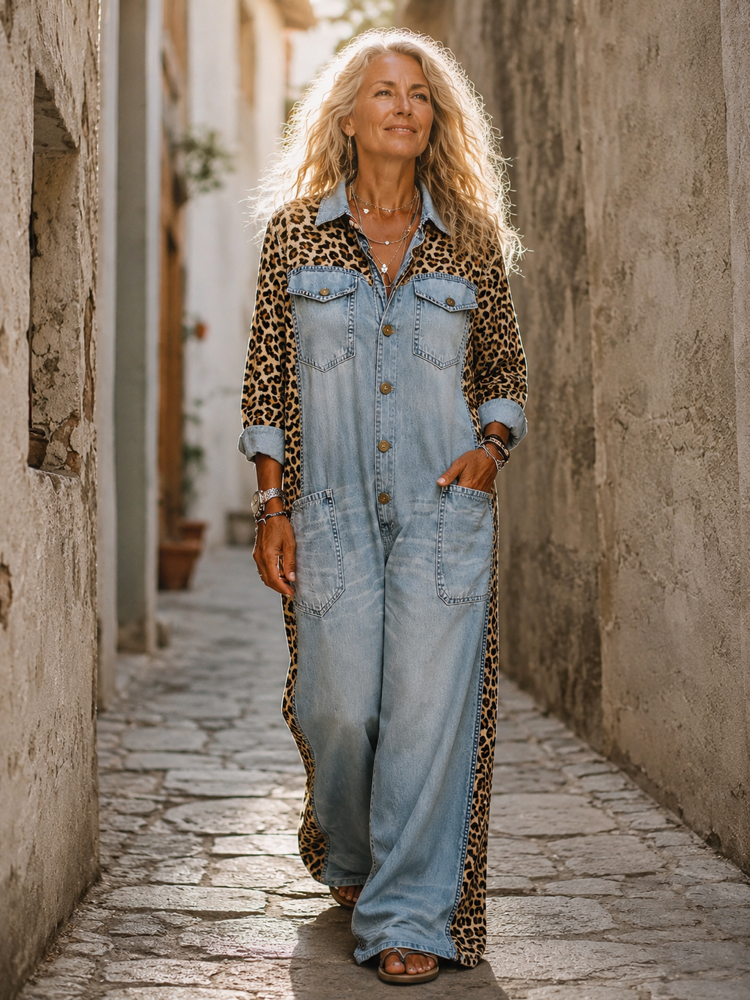 Yasmeen - Leichter Jeans Jumpsuit Mit Leopardenmuster