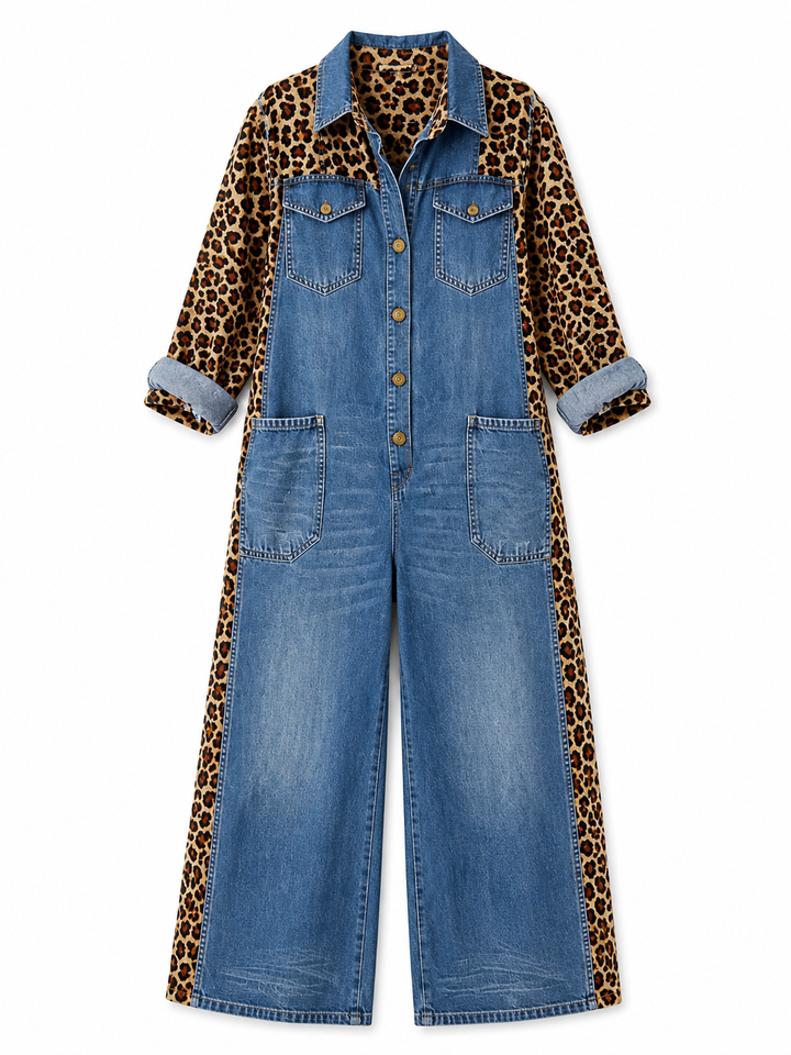 Yasmeen - Leichter Jeans Jumpsuit Mit Leopardenmuster
