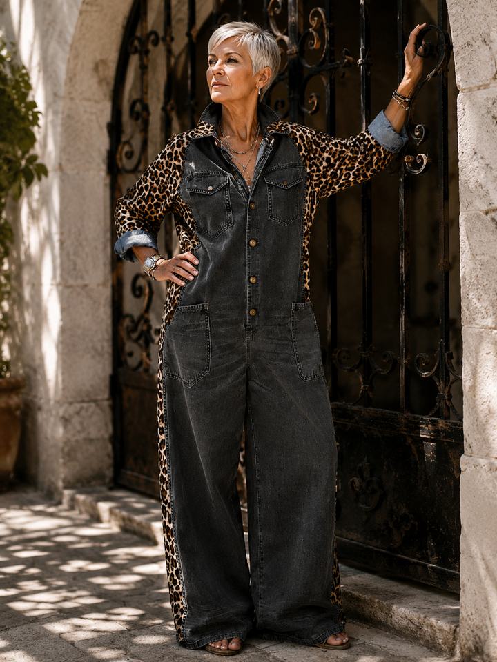 Yasmeen - Leichter Jeans Jumpsuit Mit Leopardenmuster