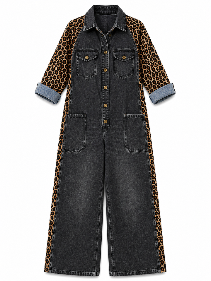 Yasmeen - Leichter Jeans Jumpsuit Mit Leopardenmuster